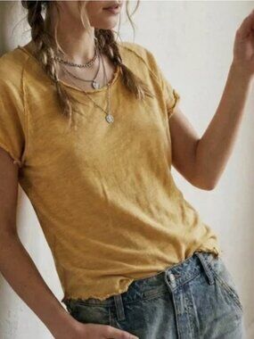 Free People We The Free Mustard Short Sleeve Lettuce Hem Be My Baby Cotton Tee